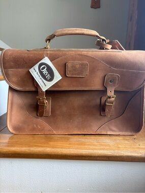Orvis Tan Leather Briefcase with Brass Buckles